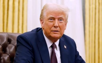 former President Donald Trump seated in a brown leather chair, wearing a dark suit and