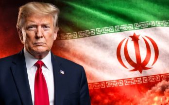 former President Donald Trump in suit and red tie stands before a stylized Iranian flag
