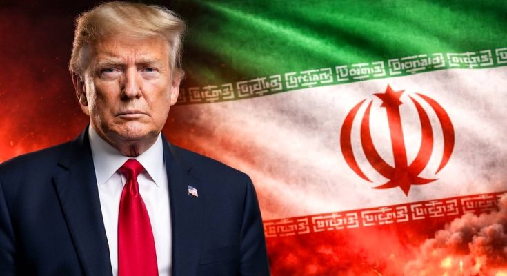 former President Donald Trump in suit and red tie stands before a stylized Iranian flag