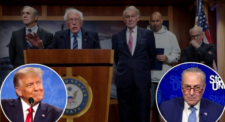 senators at podium with inset images of Trump and Schumer during political event