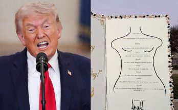 donald Trump speaking at podium beside framed handwritten birthday message in silhouette