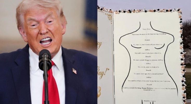 donald Trump speaking at podium beside framed handwritten birthday message in silhouette
