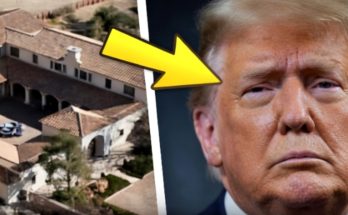 donald Trump with a yellow arrow pointing to his mansion in Mar-a-Lago