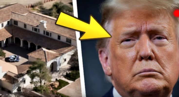 donald Trump with a yellow arrow pointing to his mansion in Mar-a-Lago
