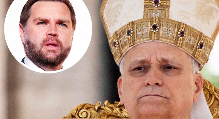 cardinal Robert Prevost wearing ornate papal mitre with inset circular portrait of JD