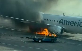 American Airlines plane on fire at airport