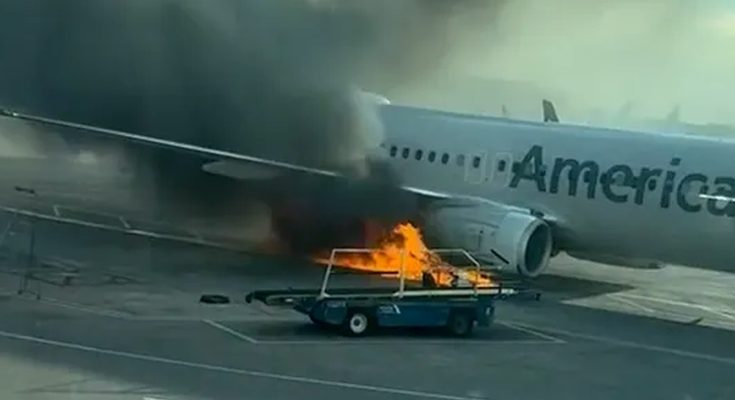 American Airlines plane on fire at airport