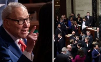 senator Chuck Schumer gestures emphatically during a heated Senate debate, with