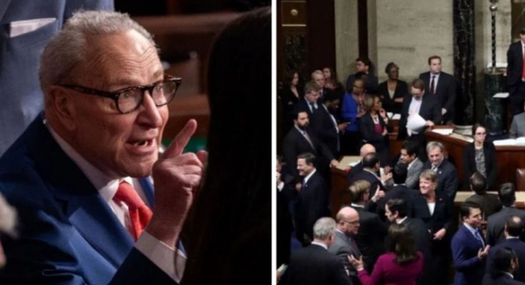 senator Chuck Schumer gestures emphatically during a heated Senate debate, with
