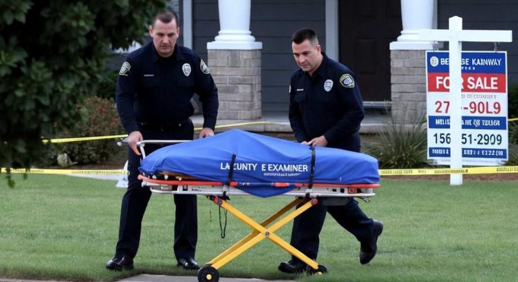 police officers moving covered stretcher outside house for sale