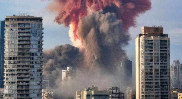 massive explosion sends fiery smoke plume skyward between towering city skyscrapers