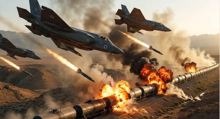 Fighter jets bombing oil train explosion