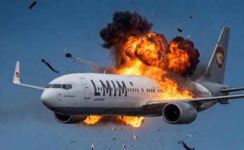 airplane mid-flight explosion with fiery blaze in sky