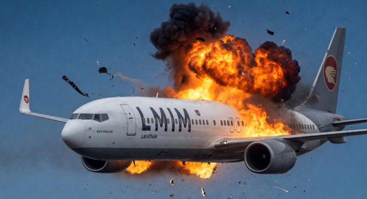 airplane mid-flight explosion with fiery blaze in sky