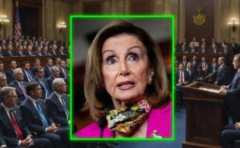 nancy Pelosi in floral scarf and pink blazer superimposed over congressional hearing room