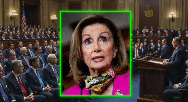 nancy Pelosi in floral scarf and pink blazer superimposed over congressional hearing room