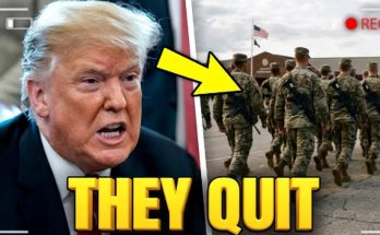 donald Trump points at soldiers marching with 'THEY QUIT' text overlay