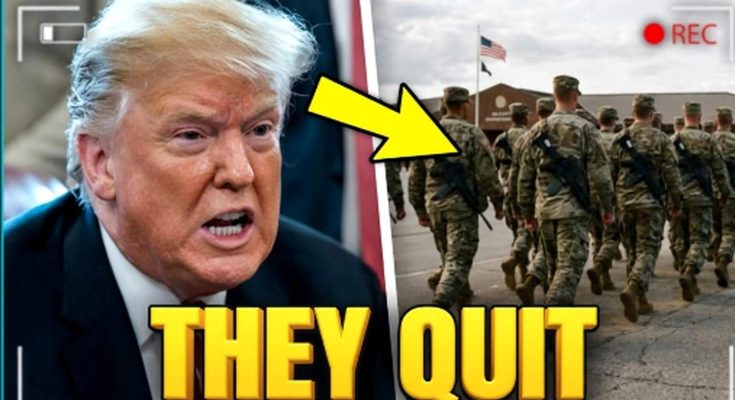 donald Trump points at soldiers marching with 'THEY QUIT' text overlay