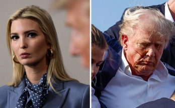 ivanka Trump in blue suit and polka-dot scarf beside injured Donald Trump with blood on