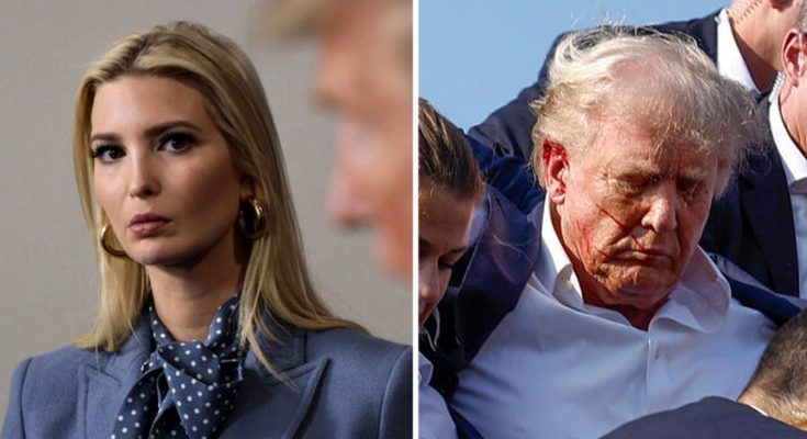 ivanka Trump in blue suit and polka-dot scarf beside injured Donald Trump with blood on