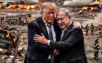 donald Trump and Benjamin Netanyahu embrace amidst burning JFK Airport wreckage and