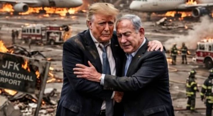 donald Trump and Benjamin Netanyahu embrace amidst burning JFK Airport wreckage and