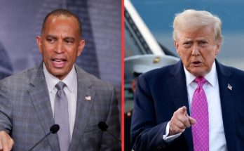 side-by-side portrait of Cory Booker and Donald Trump speaking at separate events