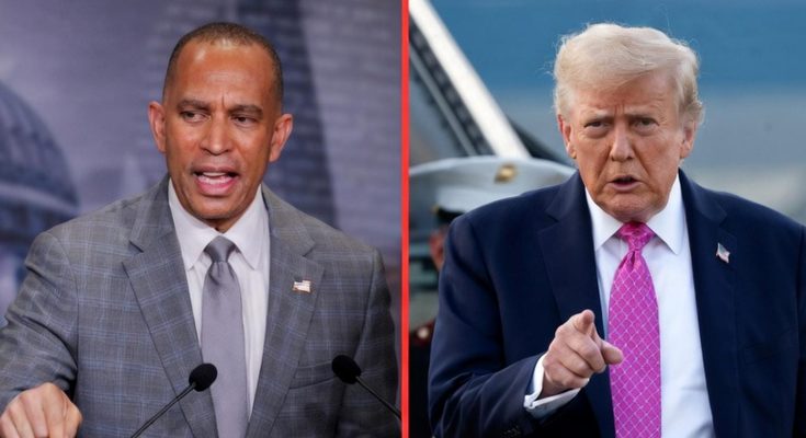 side-by-side portrait of Cory Booker and Donald Trump speaking at separate events