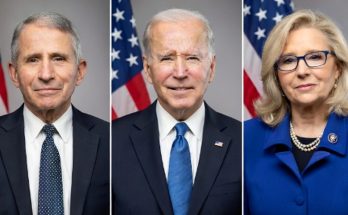 three U.S. officials in formal attire pose against American flags, including Joe Biden