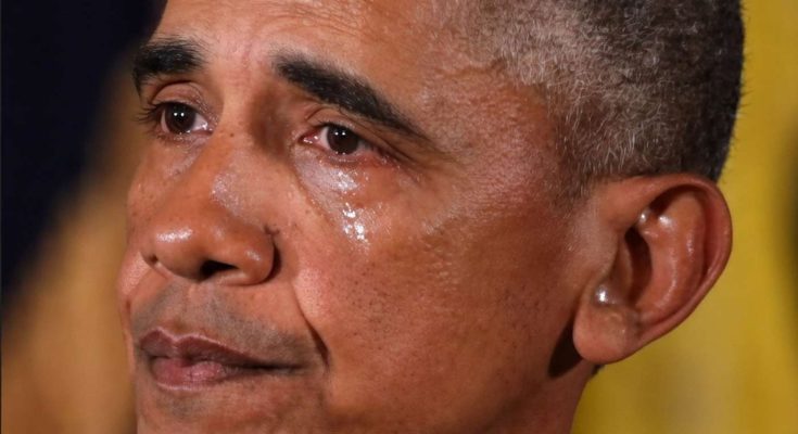 close-up of Barack Obama with visible tears on his cheek, emotional expression, yellow