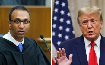 judge wearing black robe and blue tie speaking in courtroom, side by side with Donald