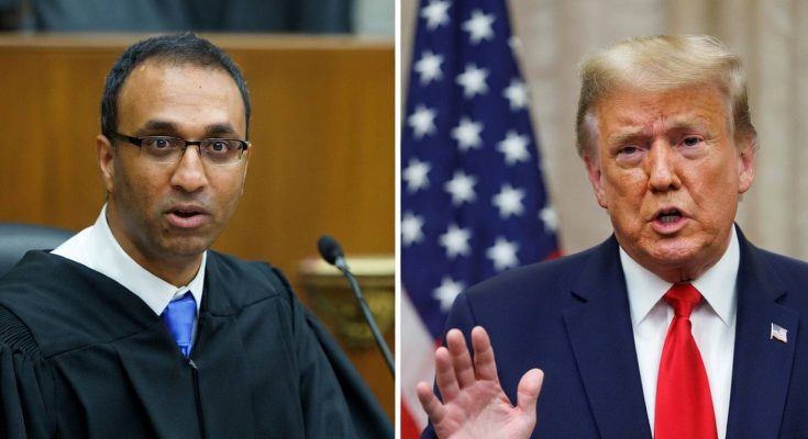 judge wearing black robe and blue tie speaking in courtroom, side by side with Donald