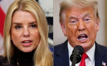 side-by-side portraits of Lara Trump and Donald Trump speaking at press events with