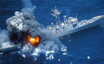Naval warship hit by missile