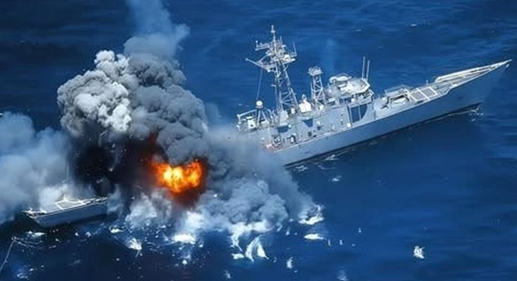 Naval warship hit by missile
