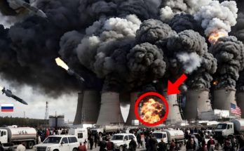 nuclear power plant under attack with smoke, missiles, and fire engulfing cooling towers