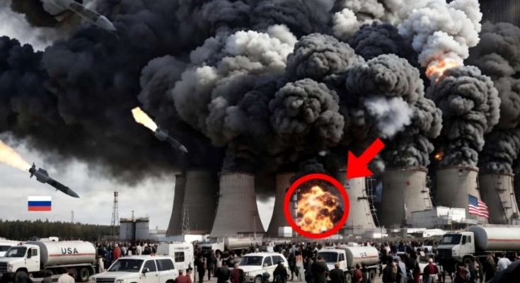 nuclear power plant under attack with smoke, missiles, and fire engulfing cooling towers