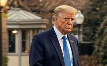 Donald Trump in navy suit outdoors